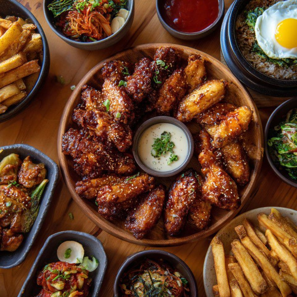 A spread of Korean dishes, including crispy Rock Pepper Fire chicken wings, fries, kimchi, and rice.