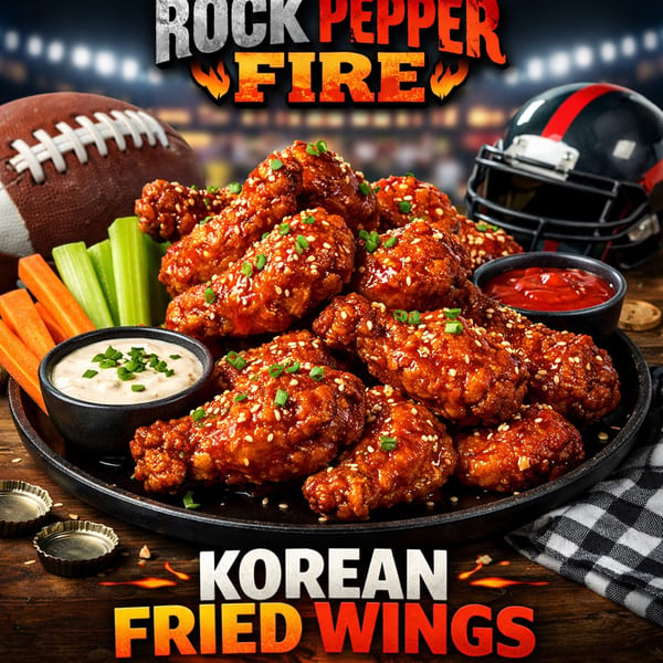 Rock Pepper Fire Korean fried wings with dipping sauces, celery, carrots, football, and helmet.