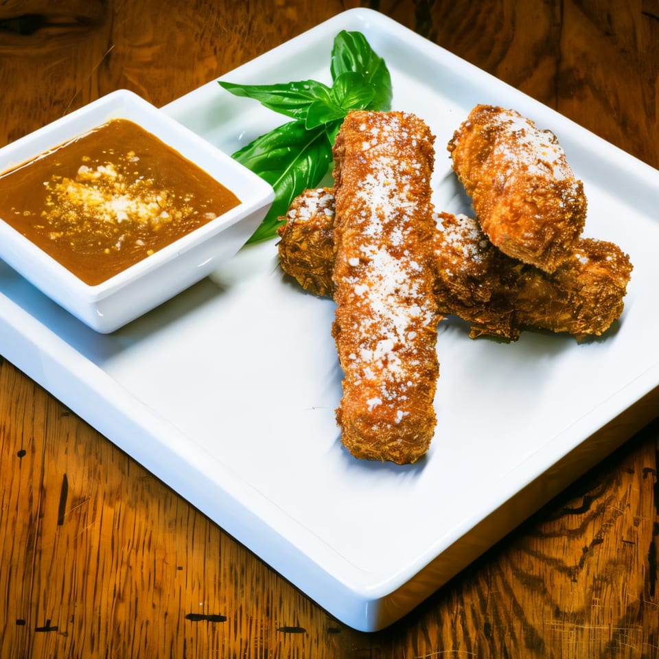 Crispy fried Korean cheese sticks dusted with white powder, served with a side of brown dipping sauce.