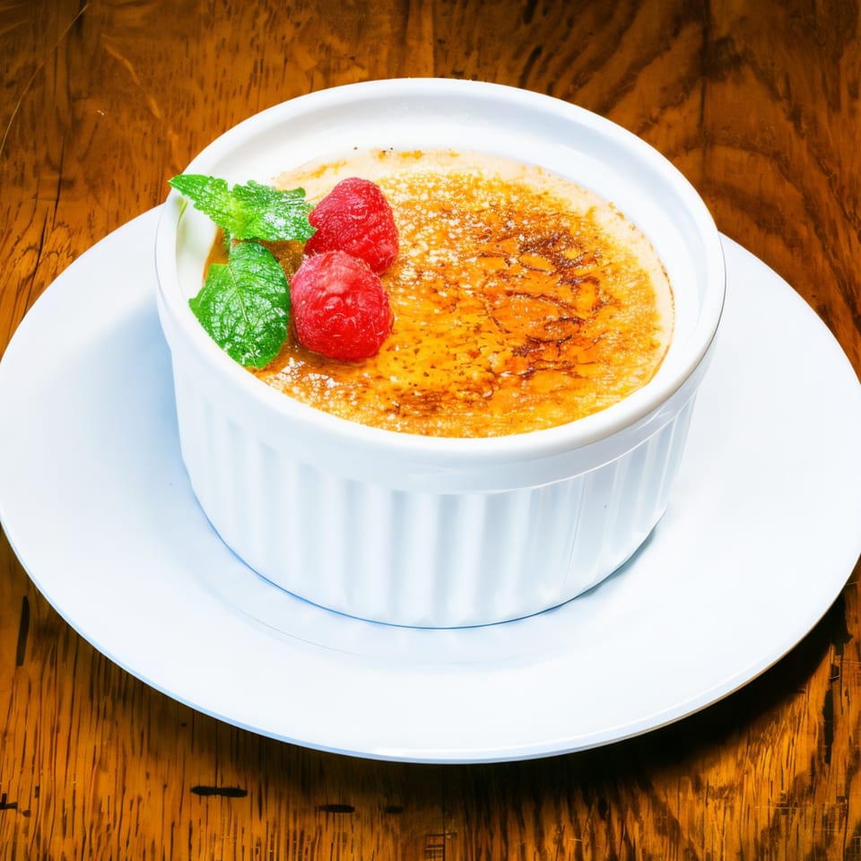 Crème brûlée in a white ramekin, garnished with raspberries and mint, on a wooden table.