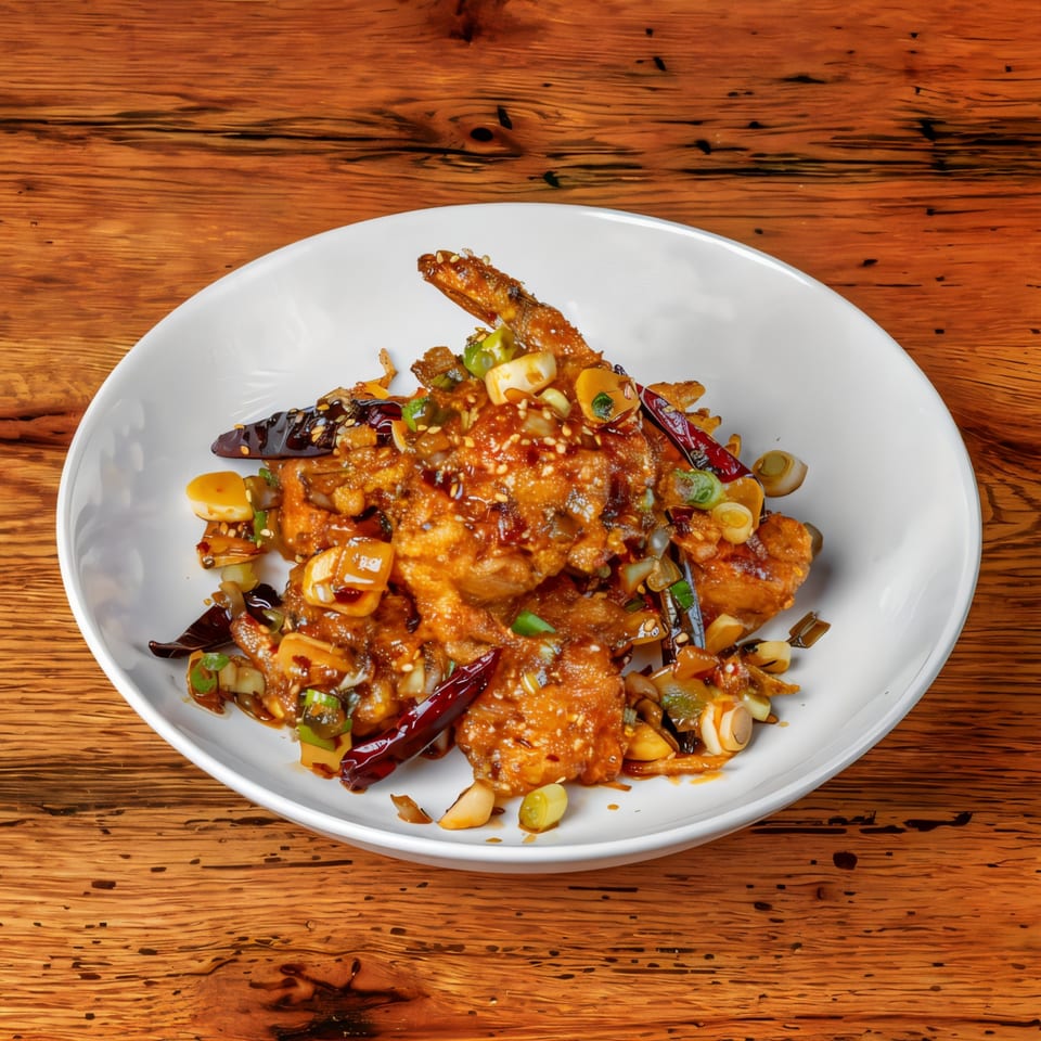 Korean fried shrimp with chili peppers, garlic, and green onions on a white plate.