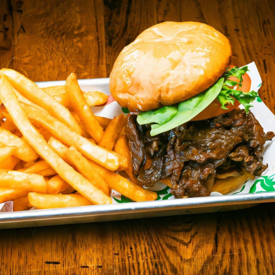 A Korean bulgogi burger with lettuce and tomato, served with golden french fries on a metal tray.